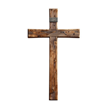 Rustic wooden cross with metal accent piece on white background, perfect for Easter