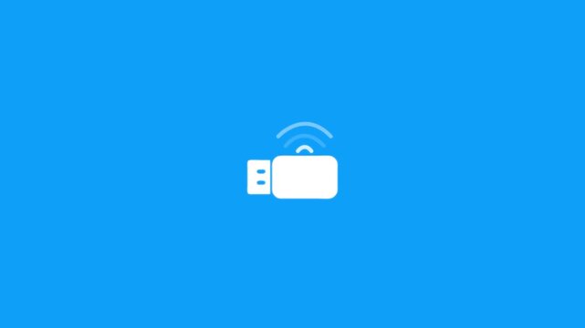 Minimal usb wifi dongle animation showing wireless signal waves on bright blue background.