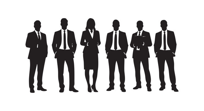 Group of six business people silhouettes, men and woman in suits standing together, corporate team concept.
