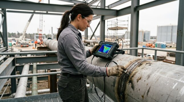 Engineer utilizes phased array ultrasonic testing equipment to assess weld quality capturing detailed internal images for structural evaluation.