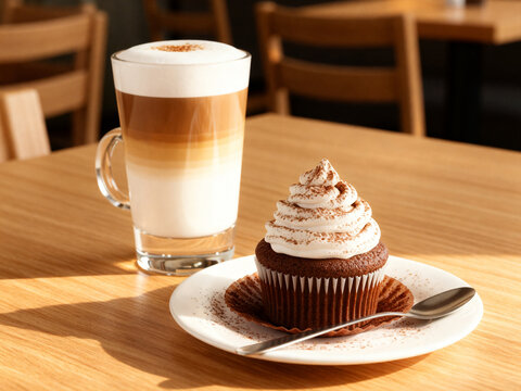 Refreshing iced coffee in a plastic cup and a slice of sweet cup cake on a wooden tab