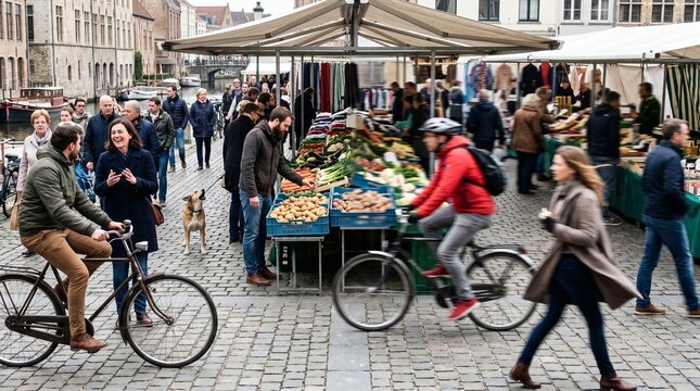 People shopping at an outdoor market with a variety of fresh produce on display from vendors under a canopy on a cobblestone street.