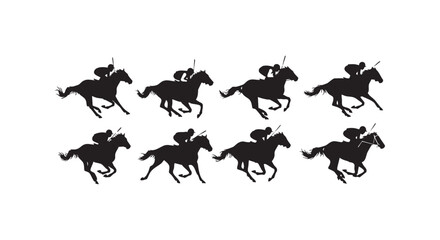 Naklejka premium Horse racing silhouettes set featuring jockeys riding thoroughbreds in gallop motion during equestrian sport competition.