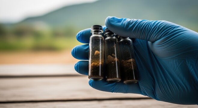 Gloved hand carefully holds three dark glass vials with murky water samples for environmental pollution evaluation