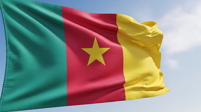 Vivid cameroon national flag with yellow star waving brightly against a blue sky