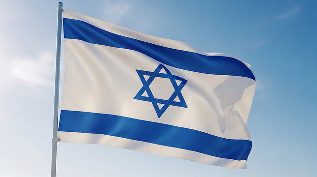 Iconic national flag of israel with blue star of david waving under clear sky