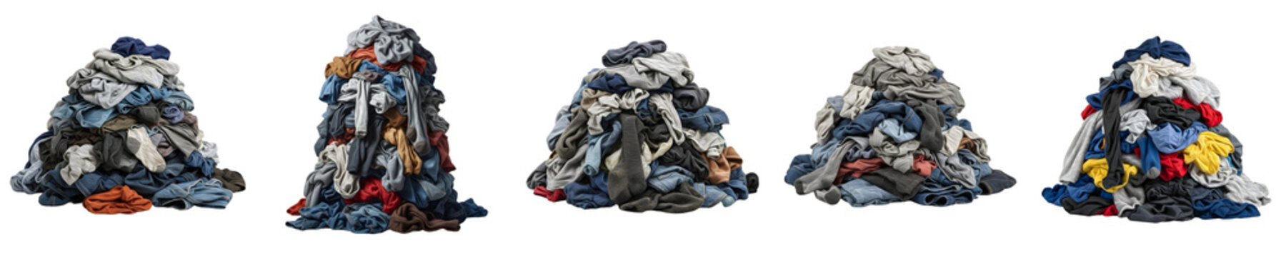 Piles of Unsorted Laundry: Five Messy Heaps of Colorful Clothes, Denims, and Apparel Isolated on White Background for Household Chore and Cleaning Services Concept.