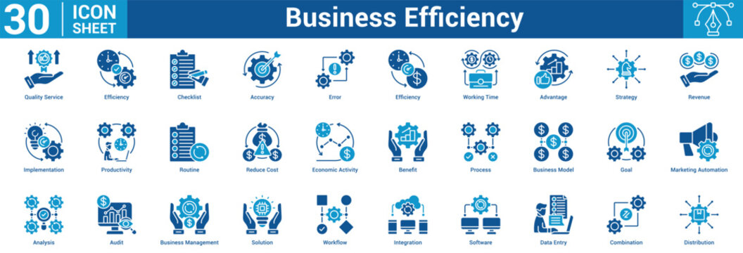 Business Efficiency editable icon set vector illustration concept for business with icon of Quality Service, Efficiency, Checklist, Accuracy, Error, Efficiency, Working Time, Advantage, Strategy.