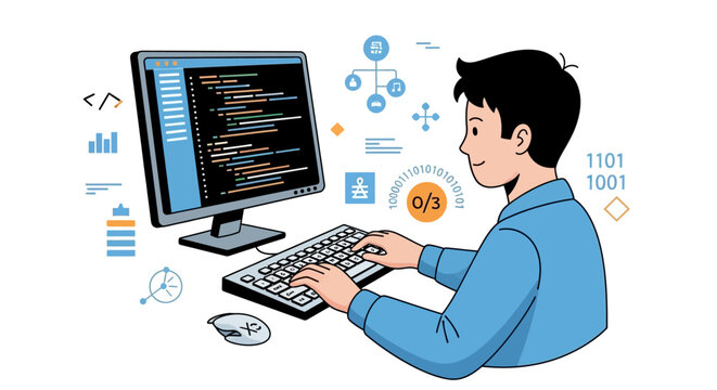Man Working on Computer Coding Programming.