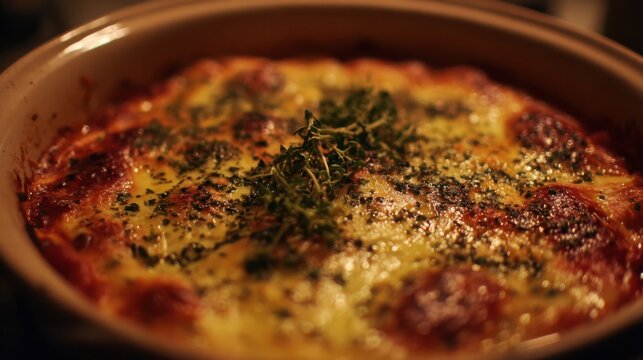 Generous serving of baked ziti with bubbling cheese and fresh herbs in a rustic dish