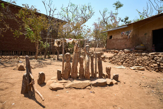 Traditional Konso Waga wooden funerary statues in Ethiopia