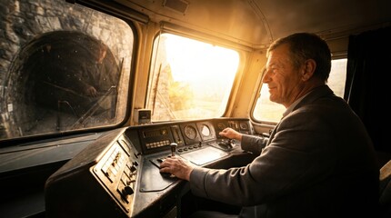 Fototapeta premium Train driver operating controls in the cabin during a journey at sunset.