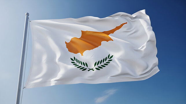 Cyprus flag with copper colored map, waving in the wind, clear blue sky