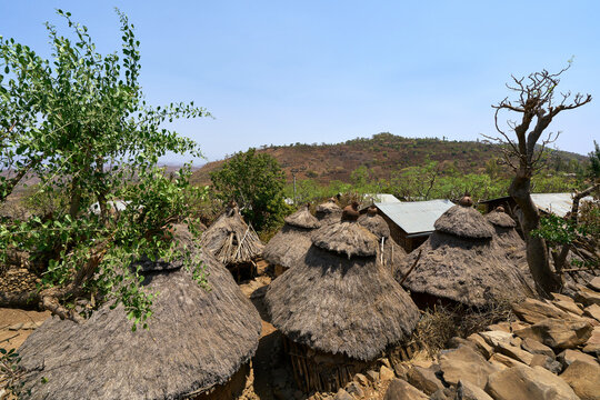 Traditional thatched-roof huts in a Konso village, Ethiopia