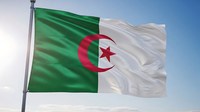 National flag of algeria waving in the sunlight against a clear blue sky