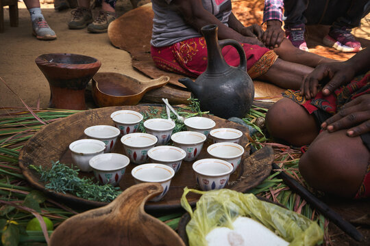 Traditional Ethiopian coffee ceremony with Jebena and Cini cups
