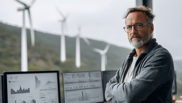 Middle aged man with glasses and a beard monitoring data on multiple computer screens inside an office with a large window overlooking a wind farm