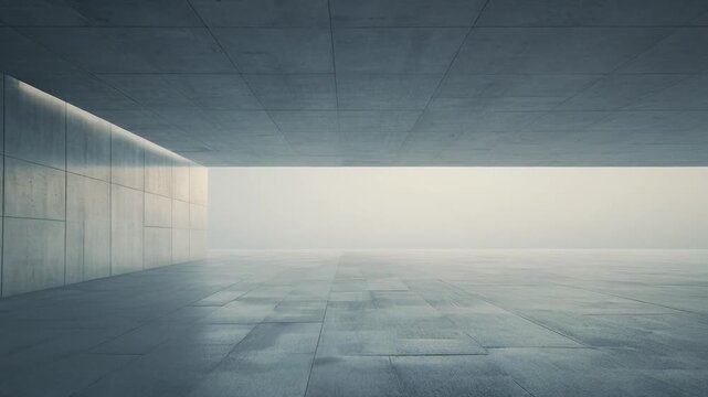 Minimalist concrete interior space with geometric lines and soft diffused lighting, ideal for modern architectural photography