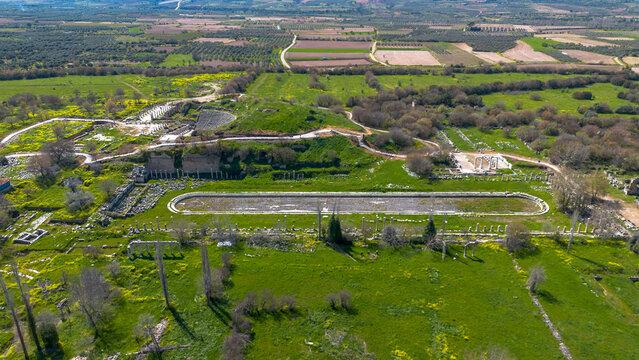 Panoramic Aerial View of the Ancient South Agora Pool in Aphrodisias, Aydin, Turkey