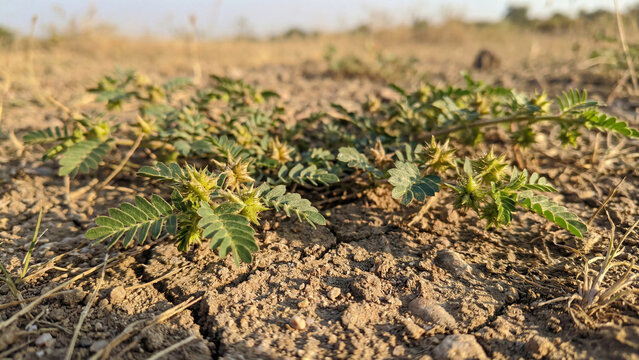 Gokhru thorn plant growing across dry field with rough soil texture detail