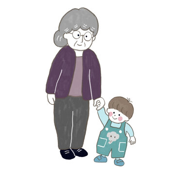 おばあさんと小さい男の子が手を繋いて立っている
