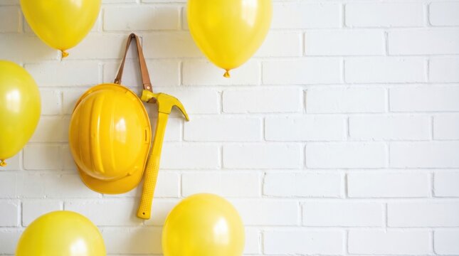 Yellow hard hat and pickaxe hanging on a white brick wall surrounded by festive balloons.