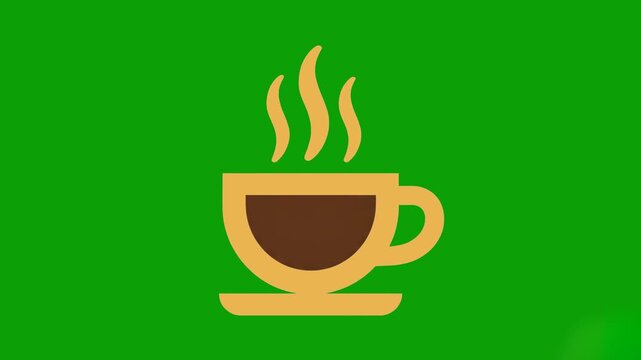 A clean, flat vector icon of a cup of hot coffee with steam rising, set against a green background. This graphic is perfect for caf&eacute; branding, beverage services, morning routine concepts, or restauran