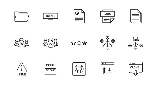 GitHub Workflow Icon Collection with Fork, Release, Clone, License, and Repository Management Symbols in Outline Style