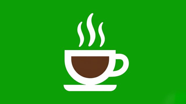 A clean, flat vector icon of a cup of steaming hot coffee or tea against a green background. This graphic is perfect for caf&eacute; branding, beverage services, morning routine concepts, or restaurant-relat