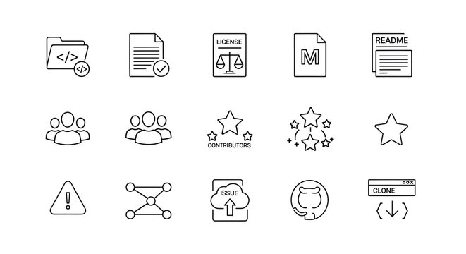 Open Source Project Icon Set Featuring License, Readme, Contributors, Issue Tracking and Code Repository Elements in Thin Line Style