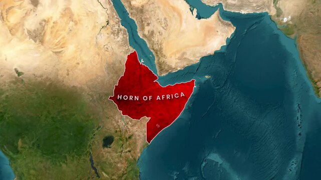 Map animation highlighting Ethiopia, Somalia, and the surrounding Horn of Africa nations
