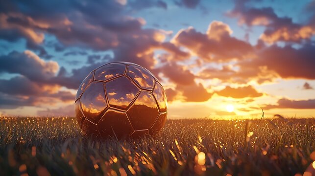 Golden football ball resting on field at sunset high resolution picture