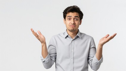 Fototapeta premium Businessman in Office Expressing Confusion with Hands Raised