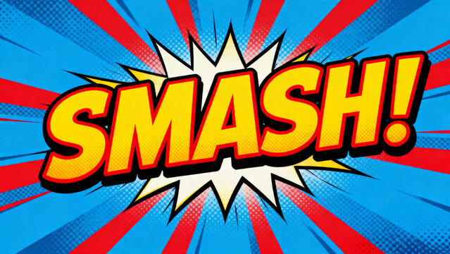 Comic book style 'SMASH!' text effect with a bright, explosive background, representing impact and action