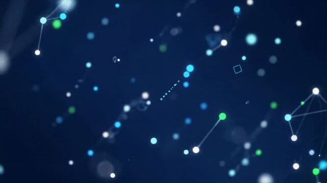 Futuristic, abstract digital landscape wide video. Glowing ethereal particles, geometric network nodes drift across a boundless void, connecting and dissolving. Sapphire blues, purples, radiant data