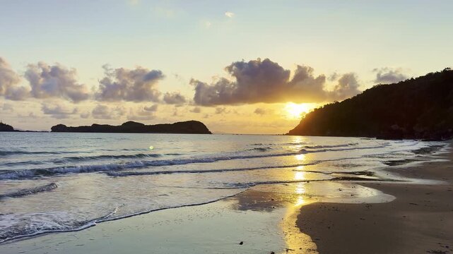 Golden sunrise over Casuarina Beach, Cape Hillsborough, Queensland, Australia. Tropical Pacific coastline, soft light, calm sea, and iconic beach known for kangaroos.