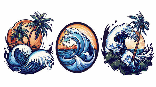 Pixelated illustration with ocean waves and palm trees set against sunsets