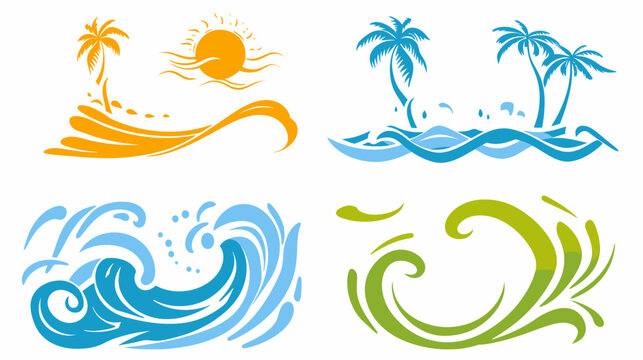Four colorful graphic motifs tropical island sunset, water waves, rendered in a cartoon style