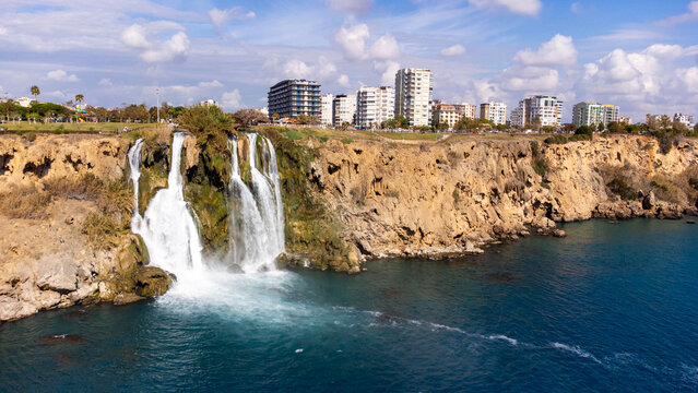 Lower Duden Waterfall Cascading into the Mediterranean Sea in Antalya, Turkey