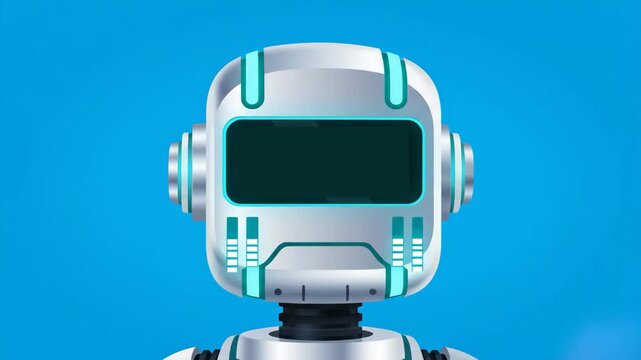 A high-tech 3D animated silver robot head with teal glowing accents and a dark visor. This modern cyborg mascot on a solid blue background is ideal for AI, technology, and futuristic video projects.