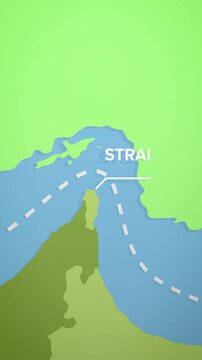 Close view of Strait of Hormuz on stylized map, emphasizing narrow passage between Iran and Oman with dotted maritime path and global trade significance in animated infographic style.