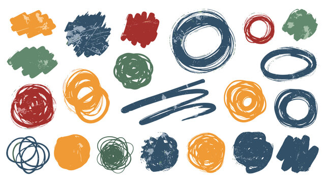 Diverse collection of distressed grunge brush strokes and textured abstract shapes, featuring various circles and smudges in a rustic color scheme.