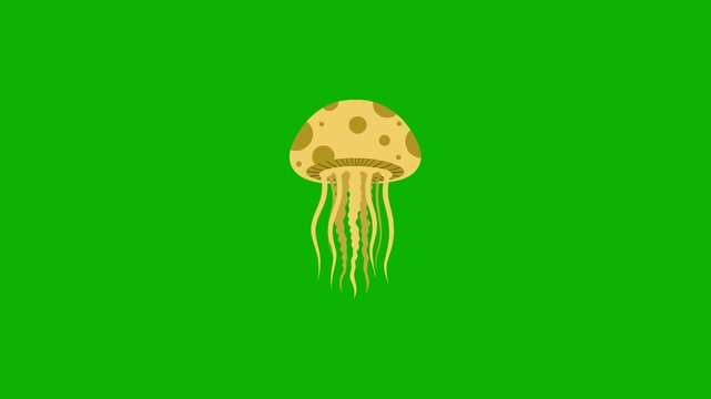 An animated 2D vector graphic of a yellow or golden spotted jellyfish pulsing gently as it swims upward. The loopable marine asset is set against a solid green chroma key backdrop.