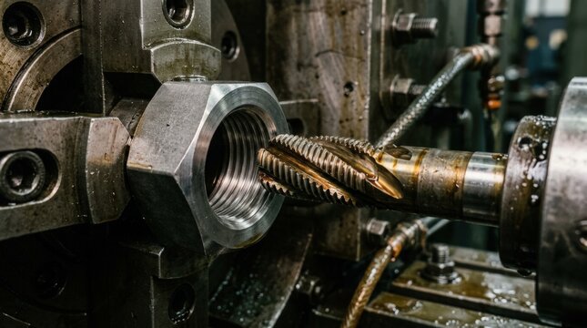 Industrial closeup of a roll tap machine forming internal threads within nut bodies highlighting smooth thread profile creation without metal removal.