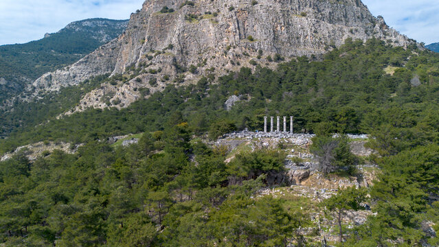 Aerial View of the Ancient Temple of Athena Polias in Priene, Aydin, Turkey