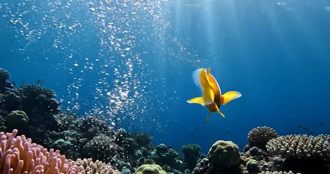 Clownfish swimming near a vibrant coral reef with rising air bubbles in clear blue ocean water