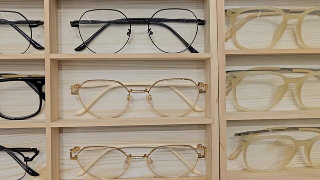 Close up of eyeglasses frames arranged on wooden display shelves different styles of optical eyewear in store interior view of prescription glasses collection