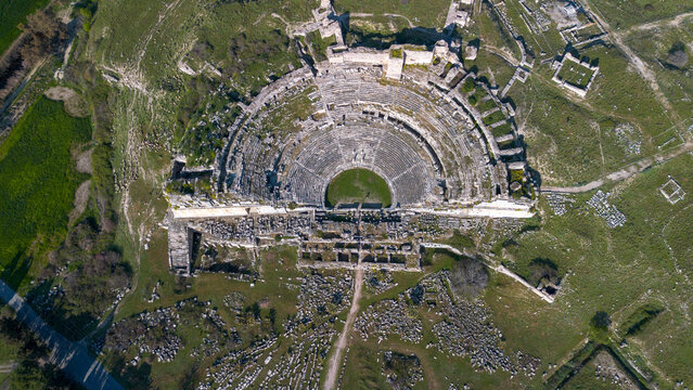 Panoramic Aerial View of the Grand Ancient Theater in Miletus, Aydin, Turkey