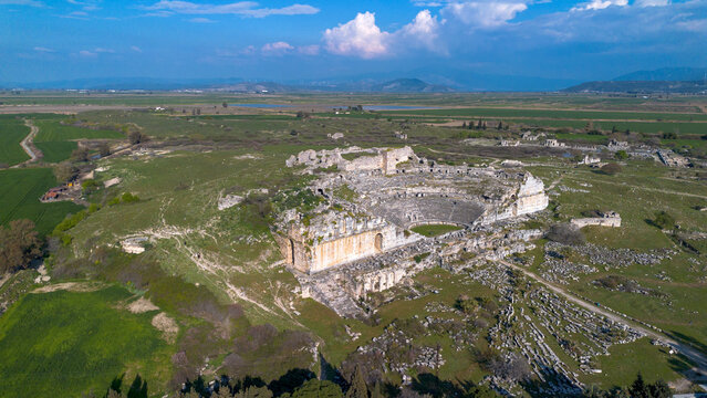 Panoramic Aerial View of the Grand Ancient Theater in Miletus, Aydin, Turkey