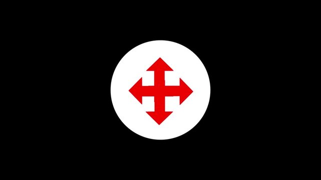 A red four way directional arrow symbol in a white circle with pulsing gray ring motion graphic.